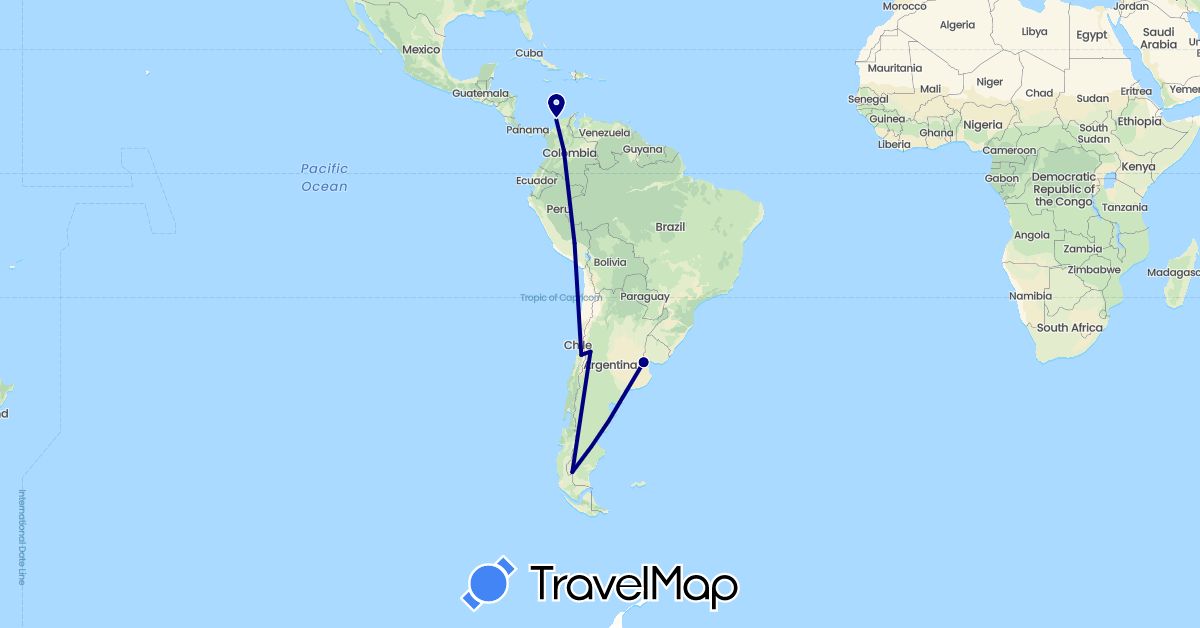 TravelMap itinerary: driving in Argentina, Chile, Colombia, Peru (South America)